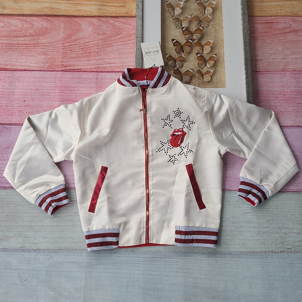 NWT Daydreamer Rock & Roll Rolling Stones Satin Embellished Bomber Jacket Small